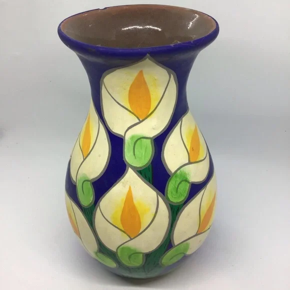 Vtg Mexican Blue Calla Lily Flower Hand Painted Red Clay Vase Pottery Folk Art - Picture 3 of 7